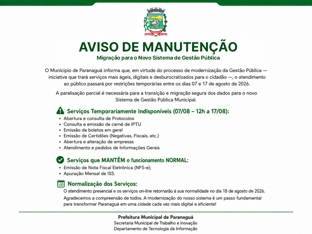 AVISO DE MANUTENÇÃO