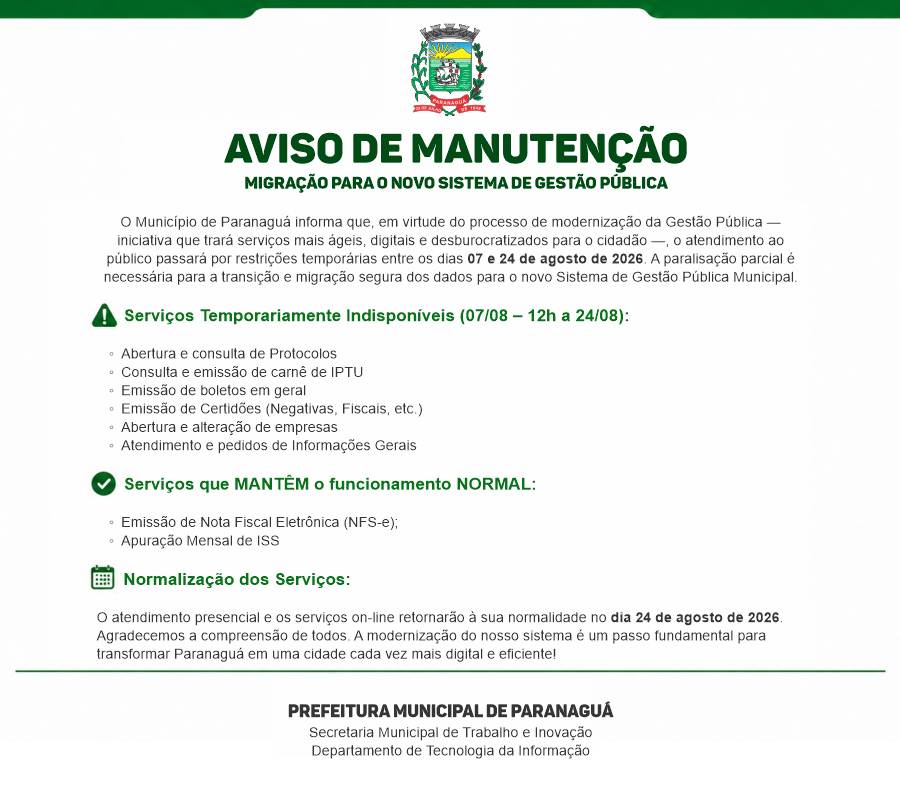 AVISO DE MANUTENÇÃO