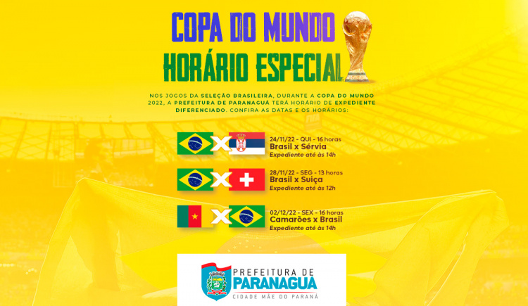 Prefeitura terá horários especiais em dias de jogos do Brasil na Copa do  Mundo. 