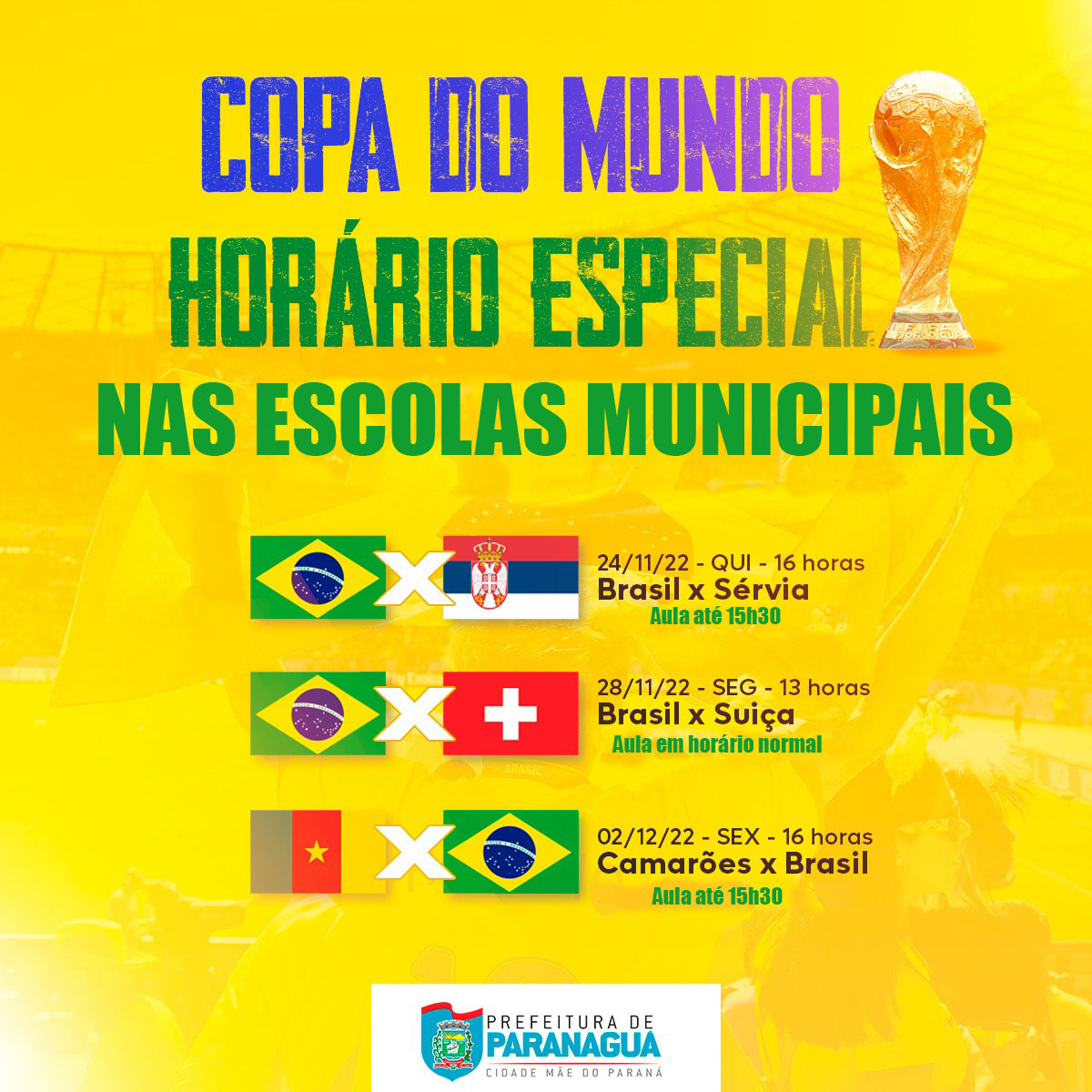 Prefeitura terá horário diferenciado durante os jogos do Brasil na Copa do  Mundo - Notícias - Prefeitura Municipal de Primavera do Leste